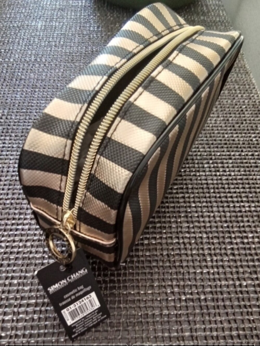 Simon Chang Black Shiny Gold Striped Cosmetic Bag